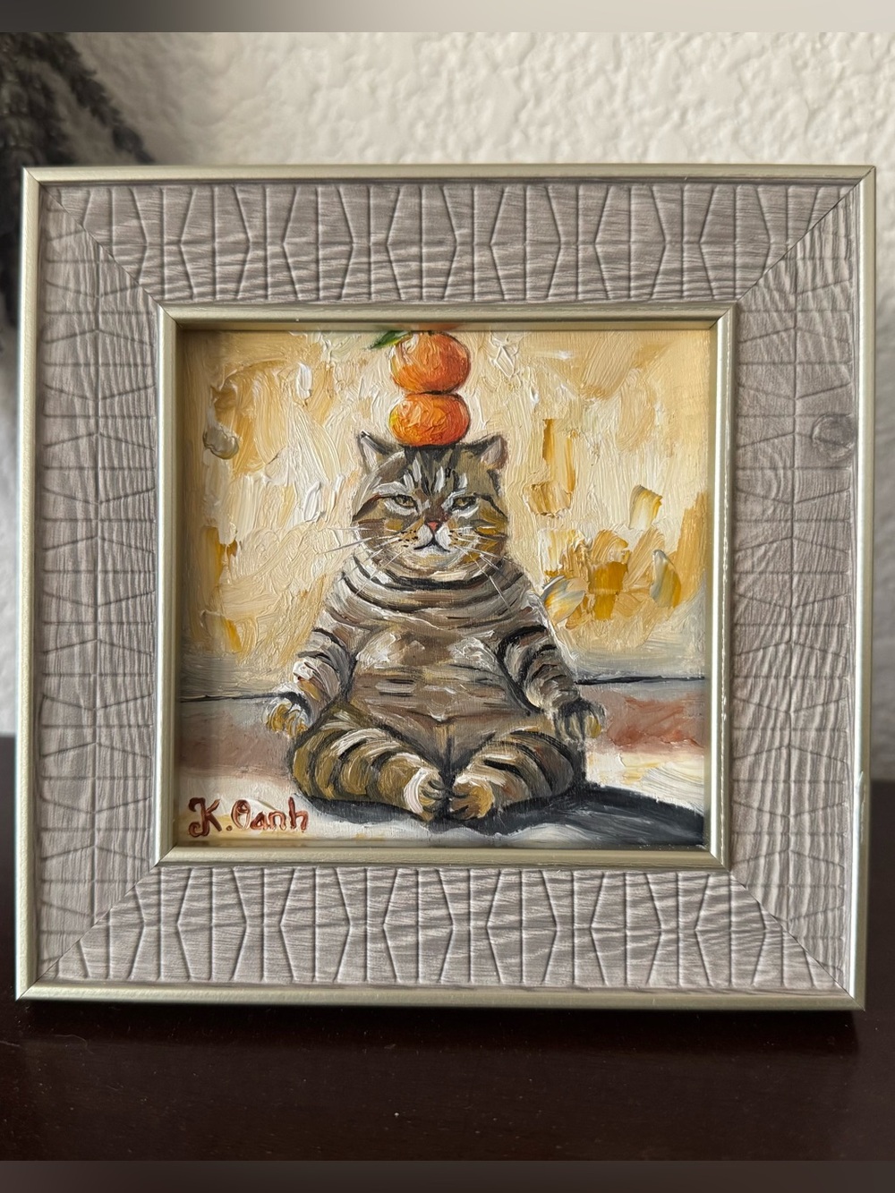 Original oil painting tabby cat doing yoga signed framed 4x4 inches